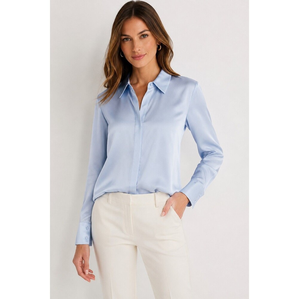 Alice + Olivia Willa Silk Blouse Women’s S Blue Button Front Long Sleeve Luxury